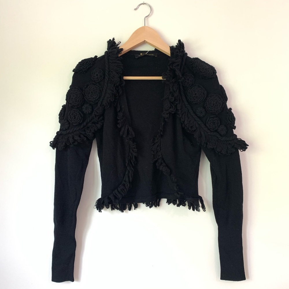 Cynthia Steffe Black Fringe Detail Cardigan